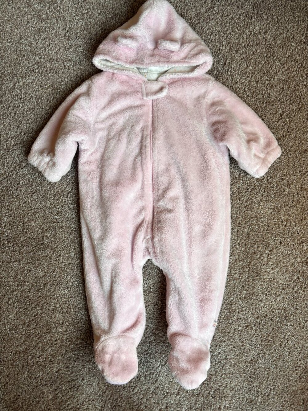 The Childrens Place Pink Plush Bear Ear Footed Bunting Suit 6-9 months